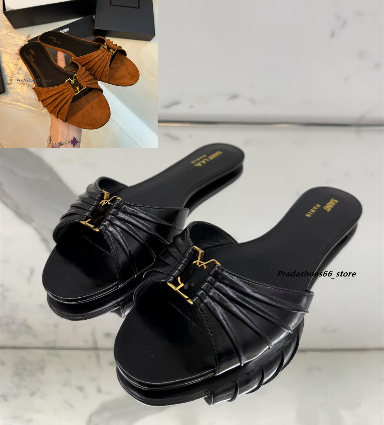 2026 Paris Luxury Designer Summer Sandals Yvess Classic Fashion Women Slippers Leather Dway Beach Flats Slide Cd Sandals Pleated Flaps Tories Miller