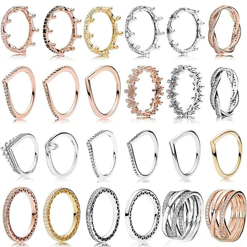 Spring Ring 925 Sterling Silver Rose Gold Pink Enchanted Crown Rings Original Fashion DIY Charms Jewelry For women MakingBest Sellers