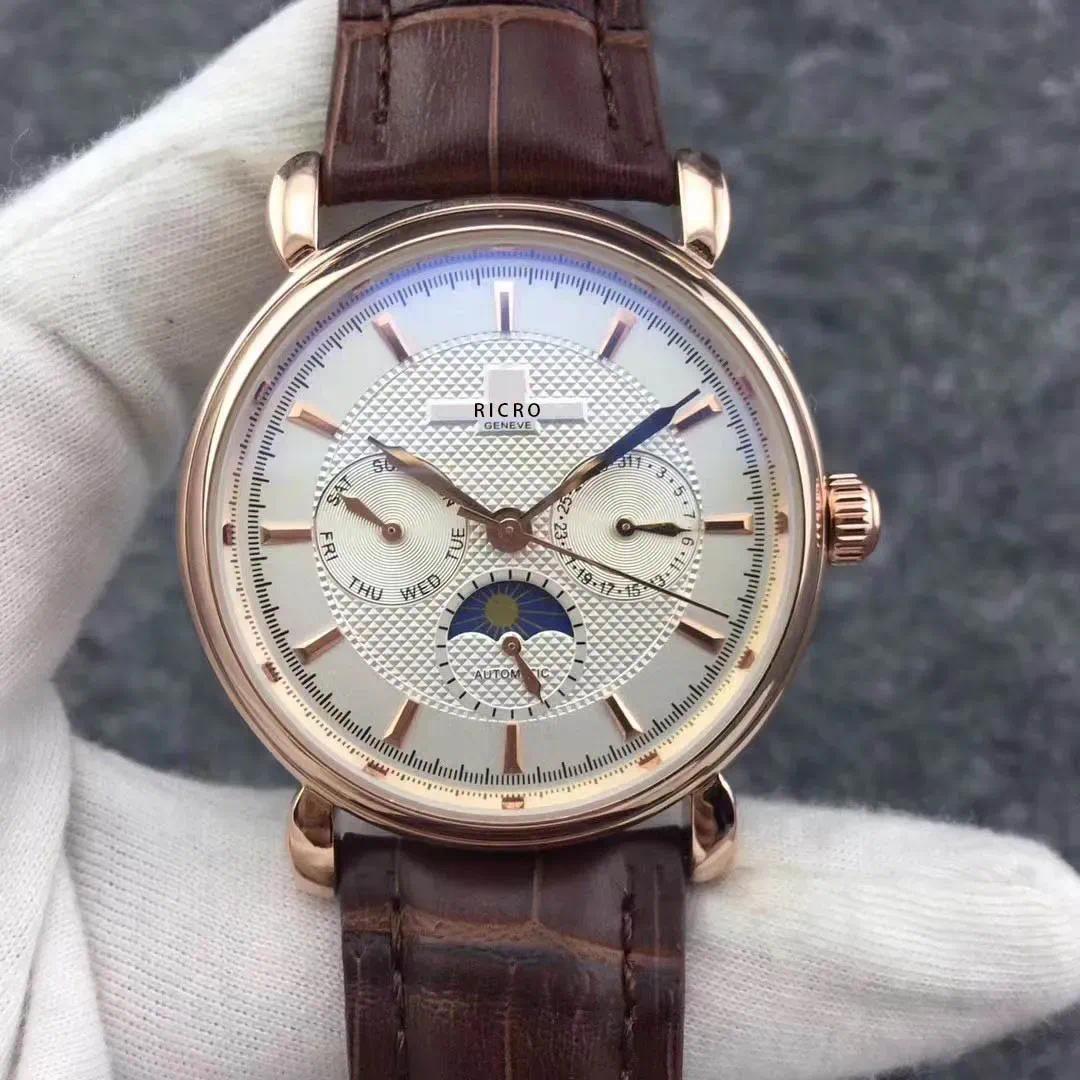 Montre mécanique automatique de luxe pour hommes, bracelet en cuir marron de haute qualité, montre-bracelet de sport à la mode