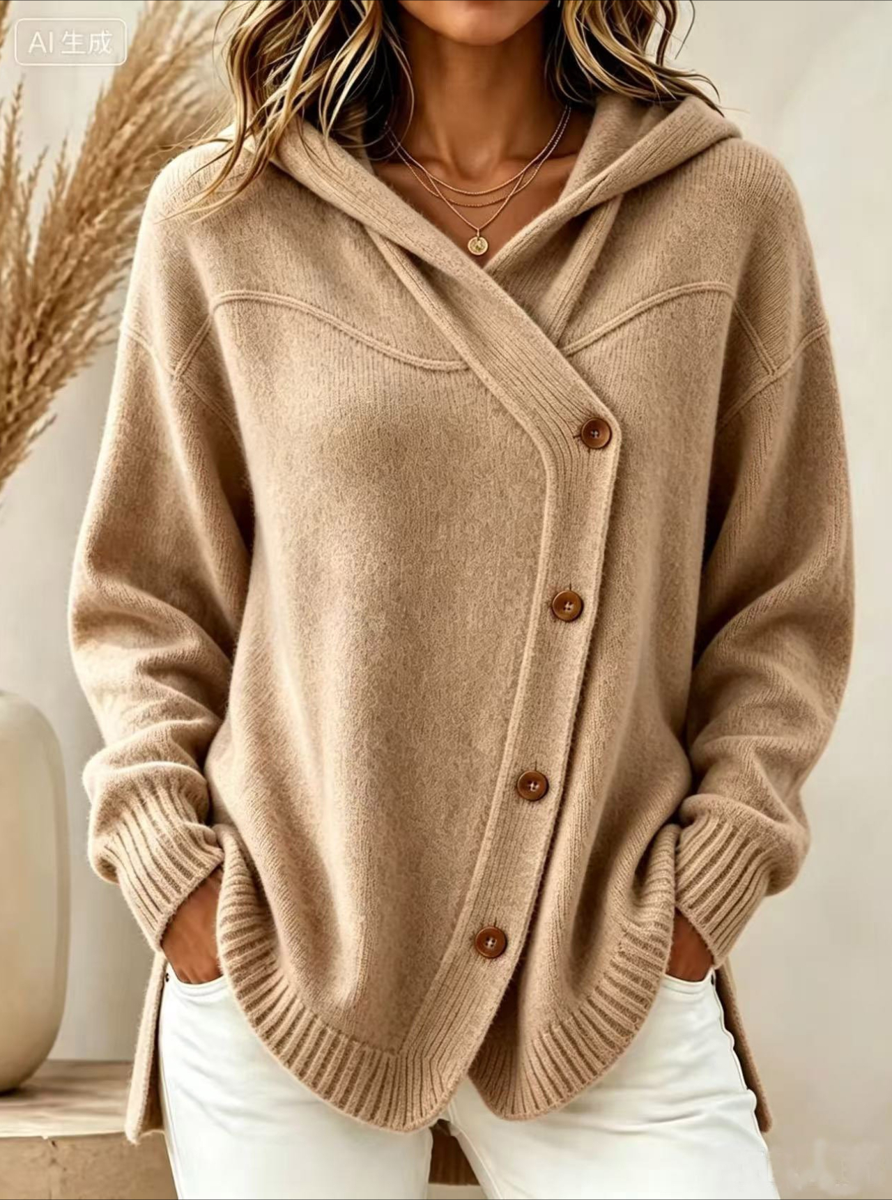 Adele174 Style européen et américain automne/hiver nouveau pull pour femme décontracté bouton ample à manches longues à capuche Cardigan