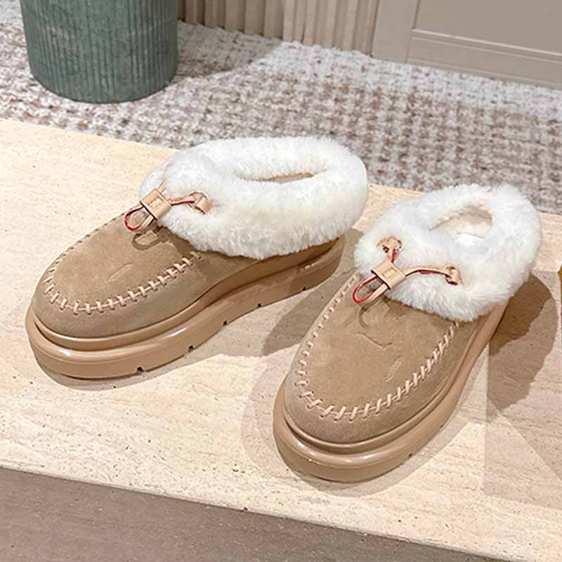 Luxury Womens Plush Warmth Retention Mule Suede Cowhide Upper Comfortable Wool Leather Lining Shoe Toe Metal Buckle Vintage Womens Winter warm Slipp