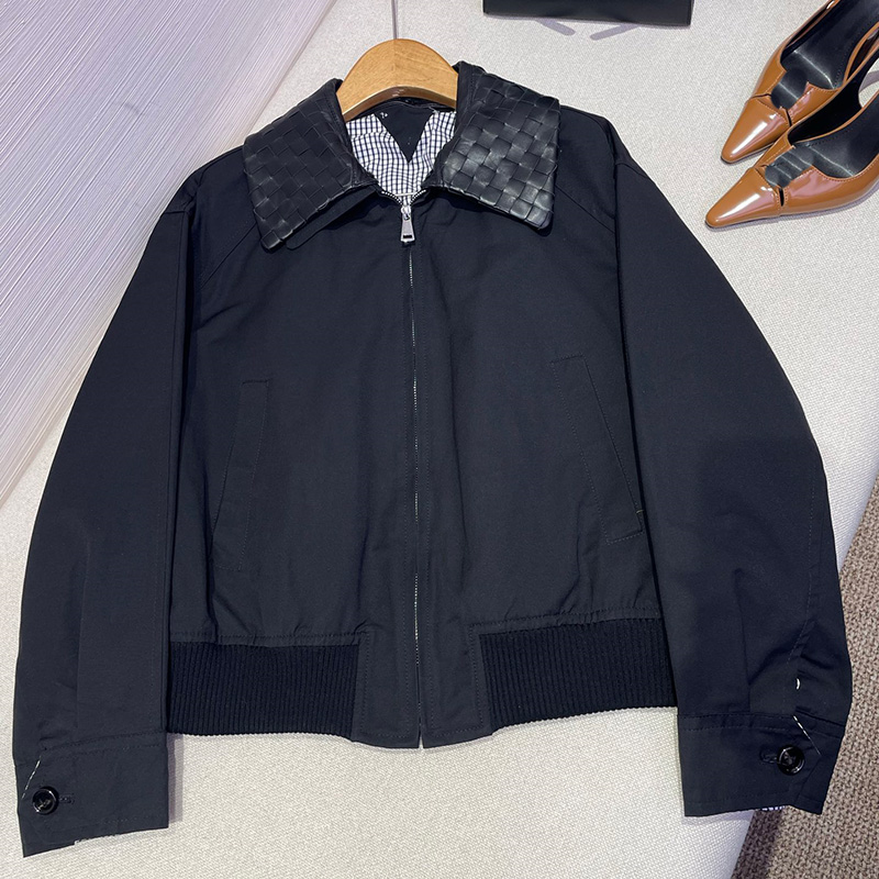 Designer Women Casual Bomber Jacket Woven Faux Leather Collar Ribbed Hem Vintage Windbreaker Coats Autumn Daily Style Loose Outerwear