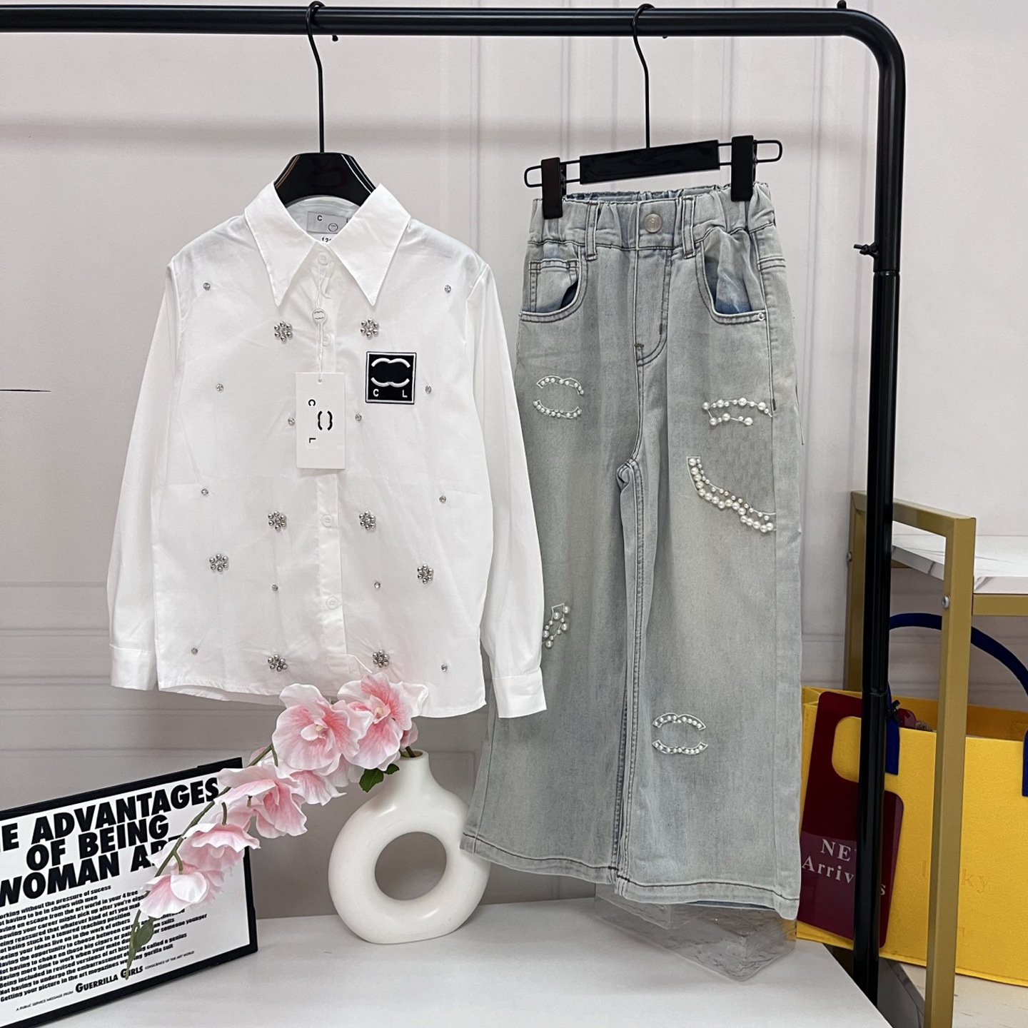 Kids Designer Clothes Girl Toddler Long Sleeve Shirt Wide Leg Denim Pants 2Pcst Set Children Girls Fall Casual Outfit Size 110CM-170CM