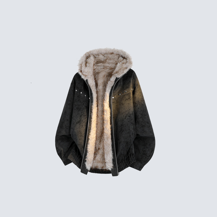 Autumn/Winter New Vintage Distressed Hooded Jacket With Thick Fur Collar, Casual Cotton Coat