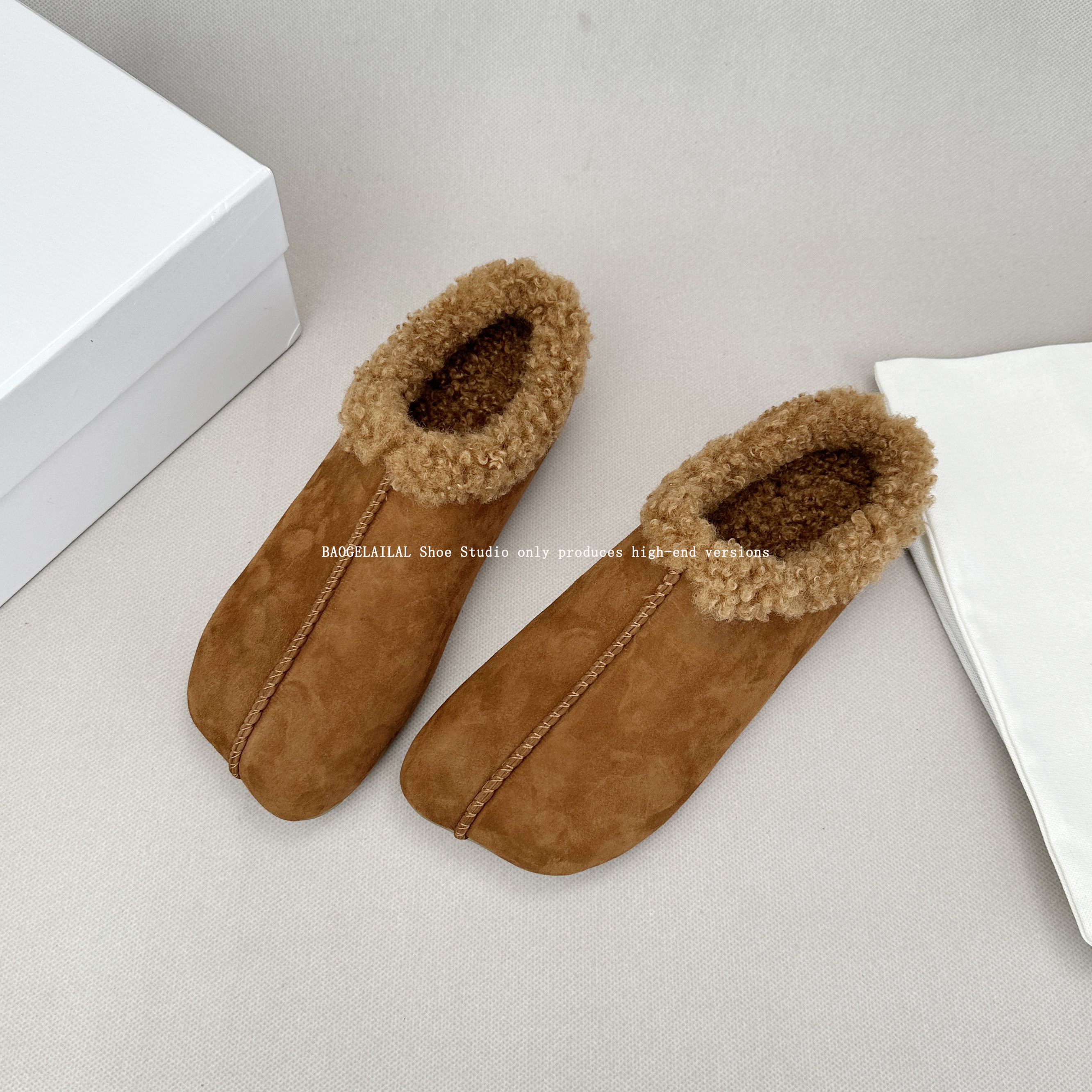 Automne/Hiver Polyvalent pour Femmes Anti Polaire Cuir Poils d'agneau Baotou Talon Demi-Traîné Sweat à Capuche Gratuit Chaussures Plates d'hiver