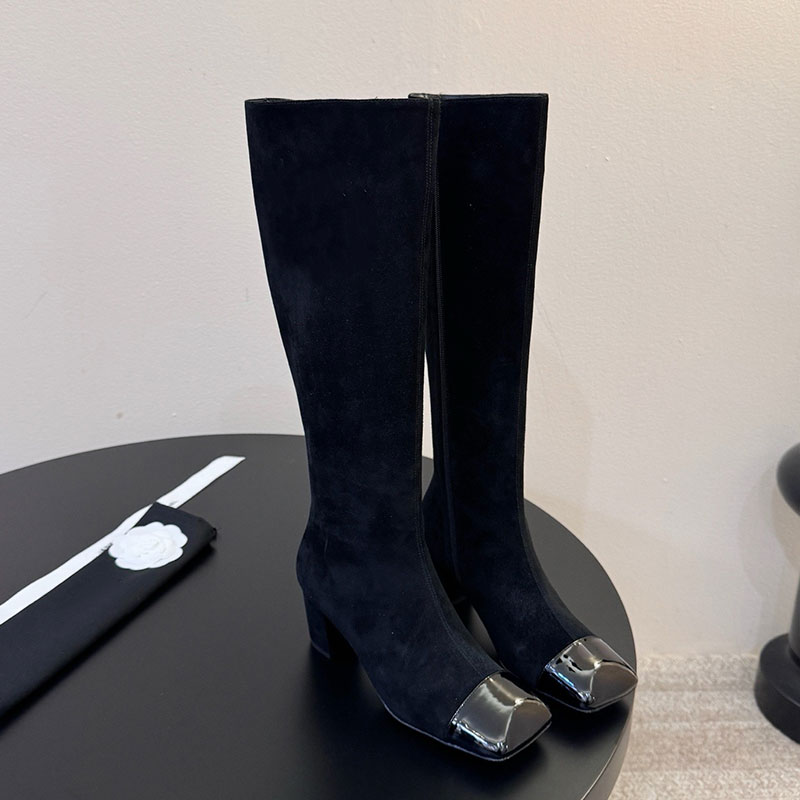 Black Boot Designer Woman Luxury White Leather Knee Zipper Block Heel Round Toe Fall Winter Party Night Dress Formal Fashion Footwear Comfort Sole M