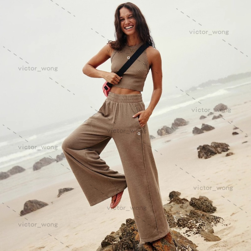 1159 Women's Two Piece Set Suit Solid Color High Elastic Body Sculpting Tank Top and Sweatpants Set Pit Strip Wide Leg Pants