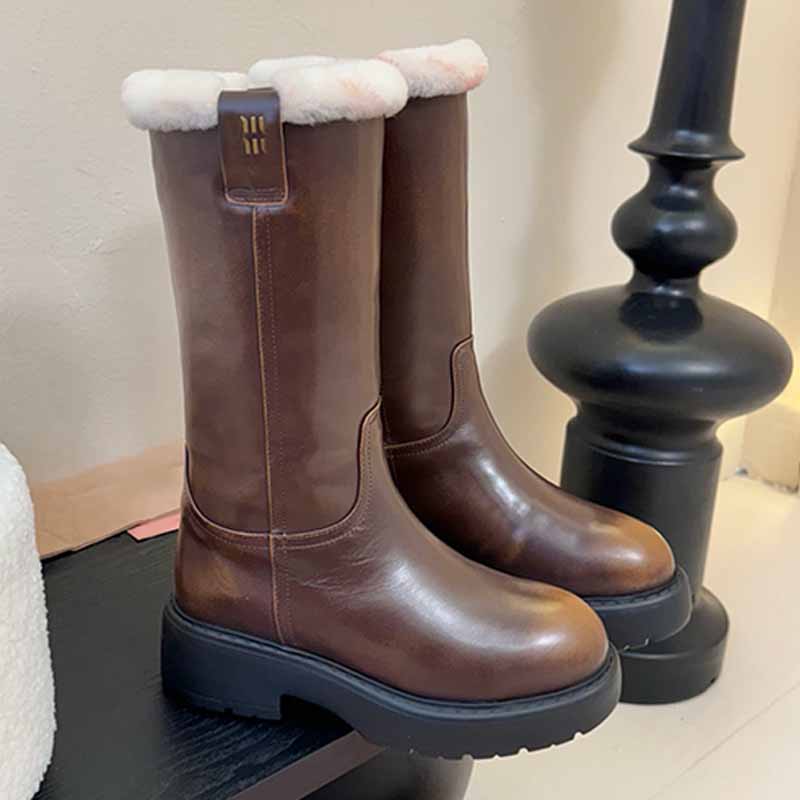 Winter New Arrivals Genuine Leather Plush Mid Calf Boots Boot Mouth Lmitation Plush Design Double Ear Anti Slip Thick Sole Straight Boots Brown Retr