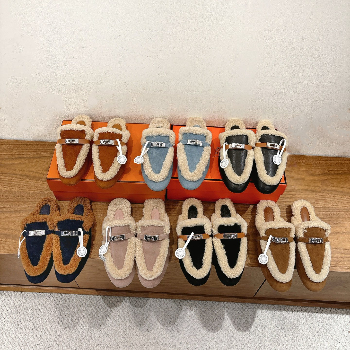 Slippers,Women Designer , Pointed Toe Shearling Trim Flat Mules ,Metal Buckle Decor, Indoor Outdoor Casual Shoe, Free Shipping Size 35-41