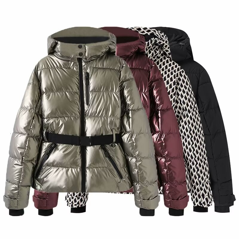 Belted Down Hooded Jacket Houndstooth Windproof Waterproof Ski Cotton Coat for Women Winter Snow Outerwear For Female