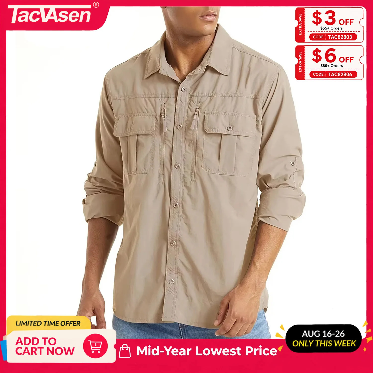 TACVASEN With 2 Chest Zipper Pockets Cargo Shirt Men's Quick Drying Skin Protective Long Sleeve Work Shirt Male Tops Outdoor 260825