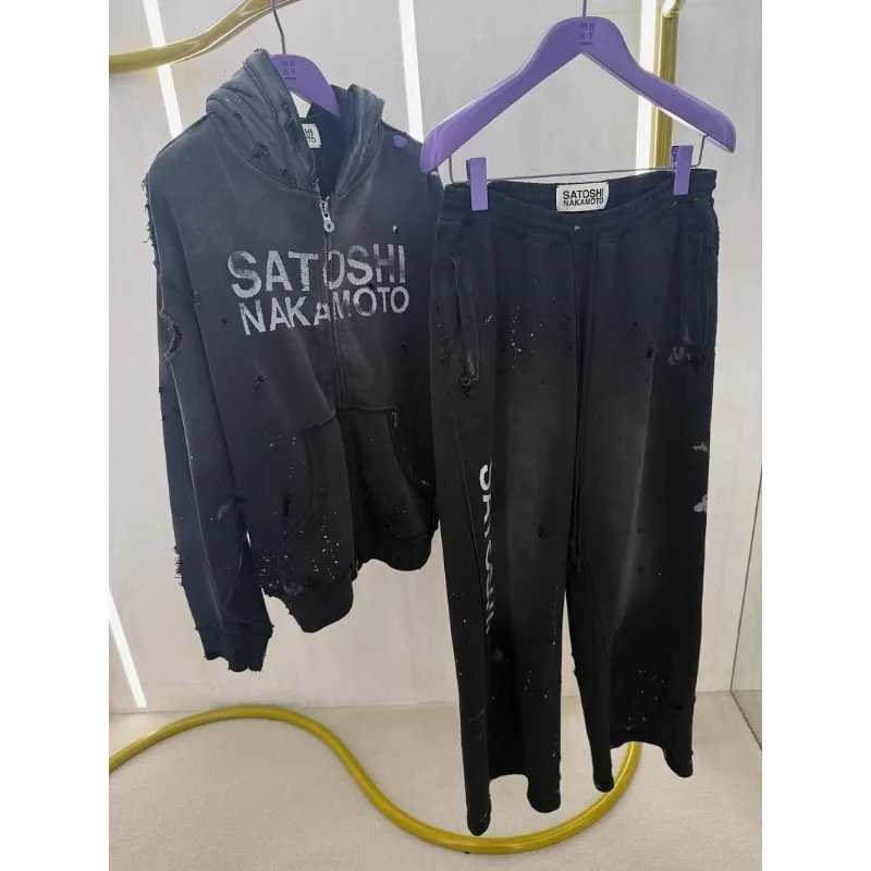 Satoshi Sets Cotton Pants Trousers Hoodie Wash Hoodies Black Blue Hooded Zipper Oversize Men Women Coat High Quality Q260829