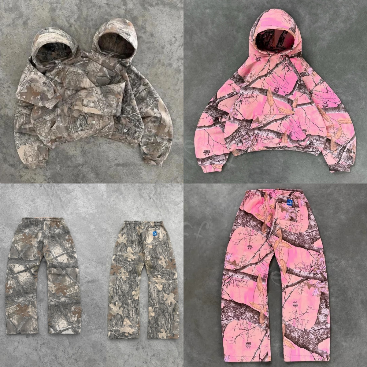Men's Zip Up Hoodie Retro Branch Pattern Loose Niche Casual Hooded Sweatshirt Cool Streetwear Top, Simple Camouflage Retro Casual Pants Two Pie