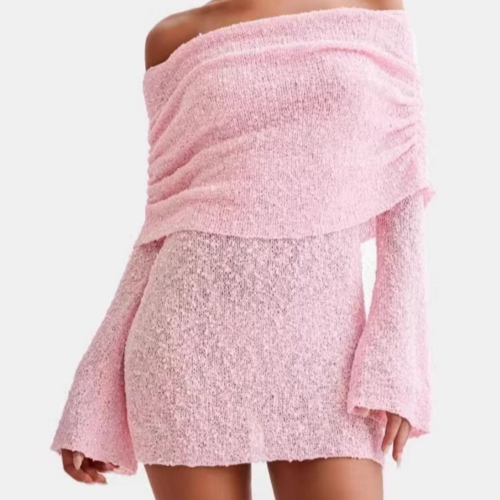 Designer Dress Fashion Solid Color Dress Woman Elegant Knitted Sexy Perspective Long Sleeve One Shoulder Dress Lady Quick Dry Long Sleeve Mini Skirt