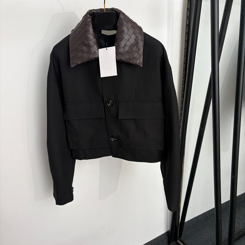 Brand Pu Leather Weave Collar Windbreaker Coat for Women Designer Pocket Long Sleeve Jacket Classic Basic Daily Autumn Spring Outwear