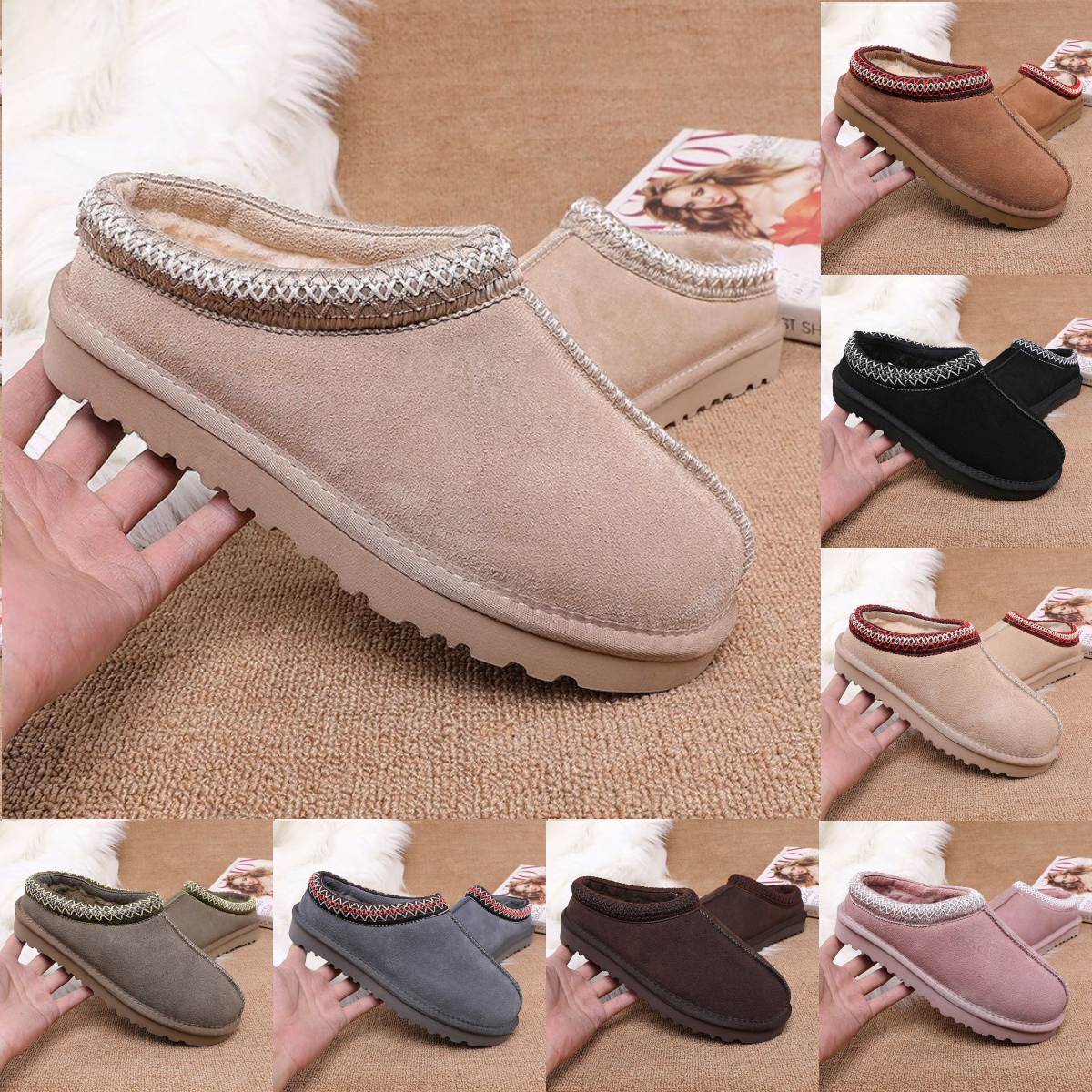 Tasman Slippers Tazz mustard seed Chestnut Sand Fur Slides Sheepskin Classic Ultra Mini Platform Boot Winter Women Men Slip-on Shoes Suede Upper Woo
