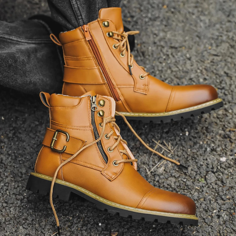 Quality Men Leather Boots Metal Double Zipper Motorcycle Boots Oxford Business Men Ankle Boots Autumn Winter Shoes Large Size 48 260917