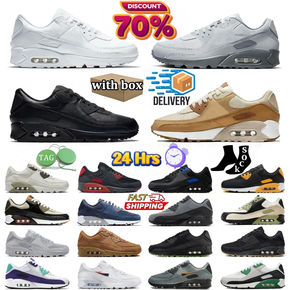 With box Designer 90 Running Shoes 90s Sneakers Triple White Black Grey Mesh Leather Gum Surplus Safety Orange Grape Mens Womens Outdoors Sport Trai