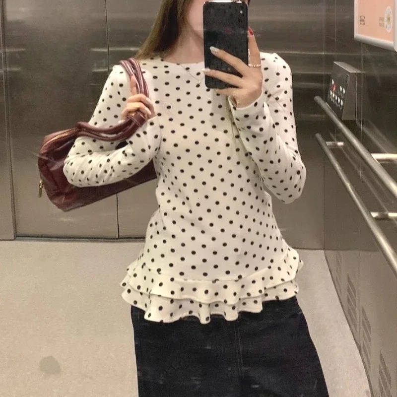 Korean Style Ruffle Trim Long Sleeve T-Shirt For Women Polka Dot Thin Interior Top Sweet Shirts Women Clothes 260825