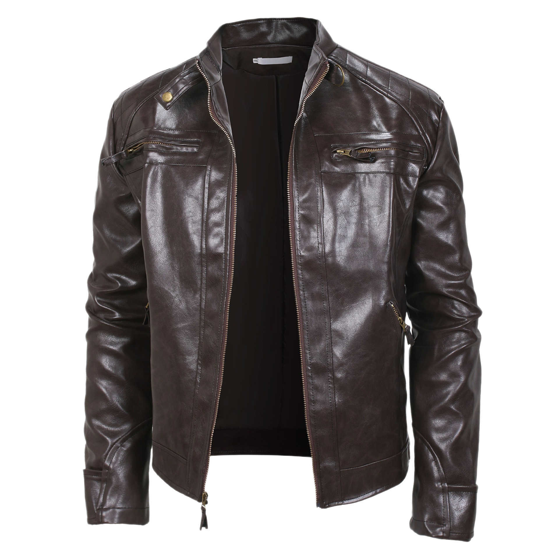 collar stand pu leather jacket men vintage moto slim fit trendy casual street outerwear lightweight coat for autumn daily D260826