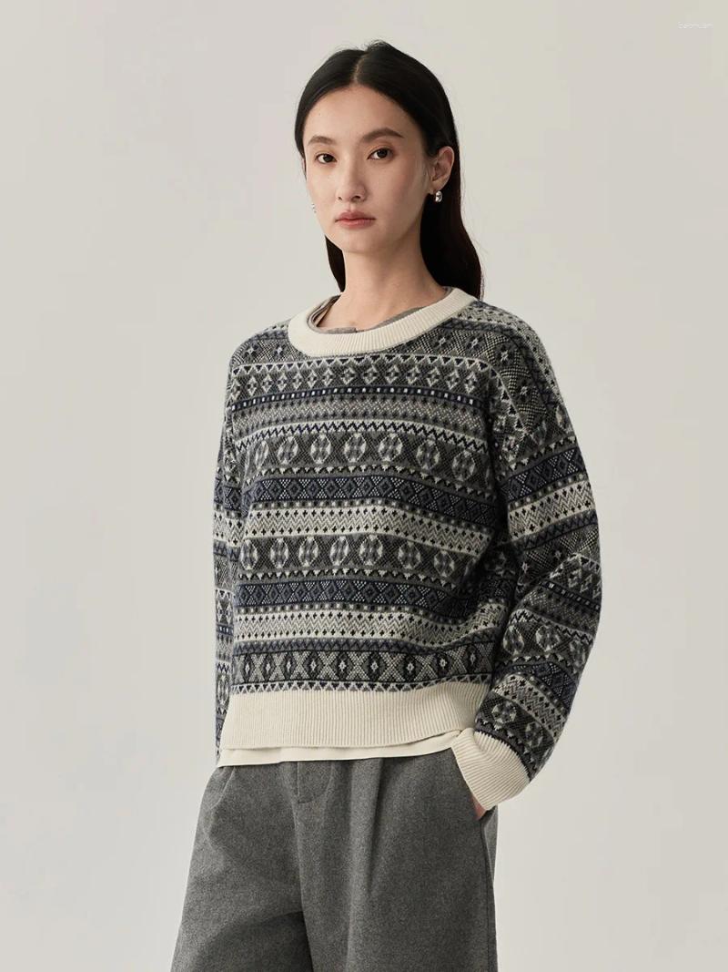 Women's Sweaters Naizaiga 100 Merino Wool O neck Long Sleeve Gray Brown Jacquard Knit Winter Warm Women Pullover JFY23 c3