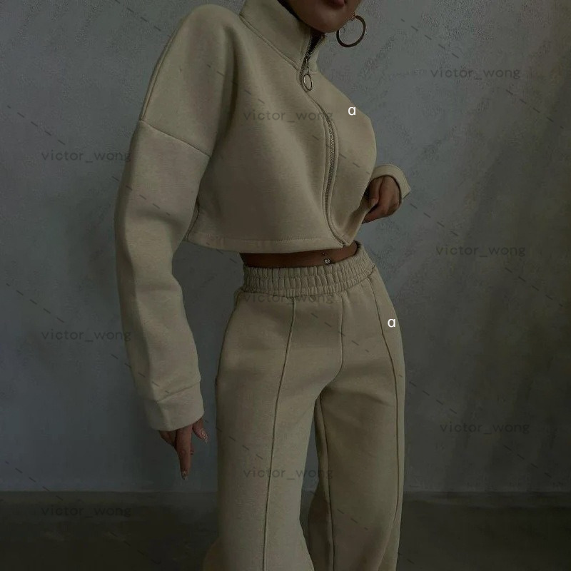 M1045 Women's Designer Cropped Half Zip 2 Piece Outfit, Stand Collar Sweat Jacket Wide Leg Pants Set, Casual Street Tracksuit for Ladies