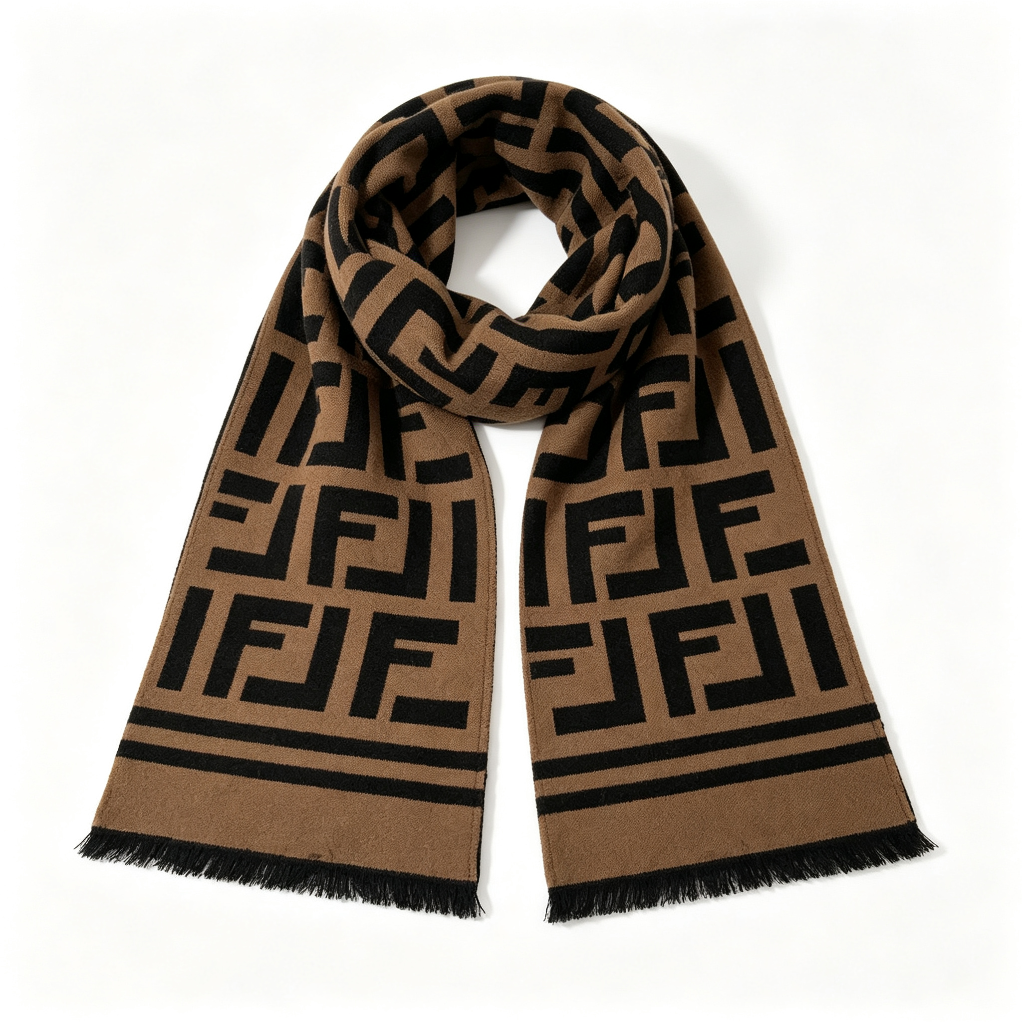 Italian Designer FF01 Double F Monogram Reversible Wool Cashmere Scarf Women Brown Black Tassel Thick Warm Neck Wrap Fashion Accessory For Autumn