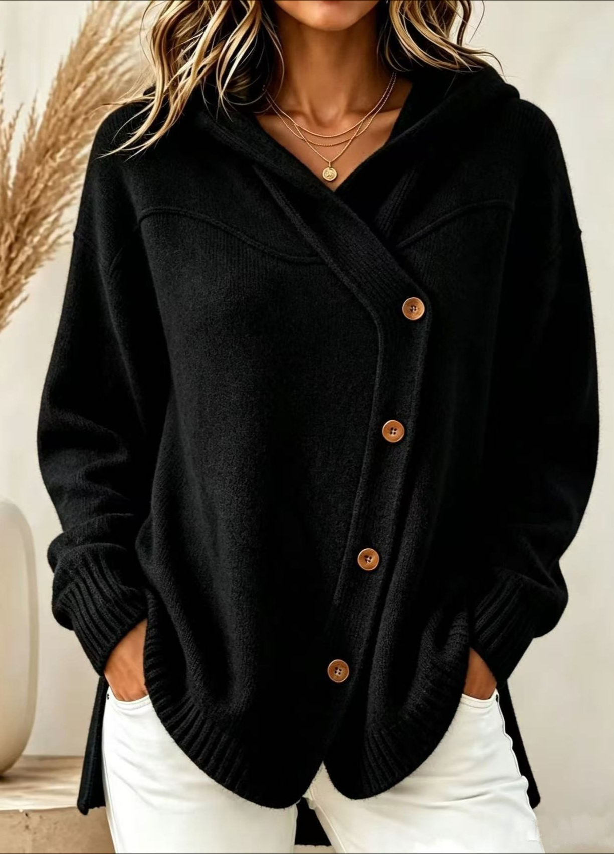 Adele210 Style européen et américain automne/hiver nouveau pull pour femme décontracté bouton ample à manches longues Cardigan à capuche