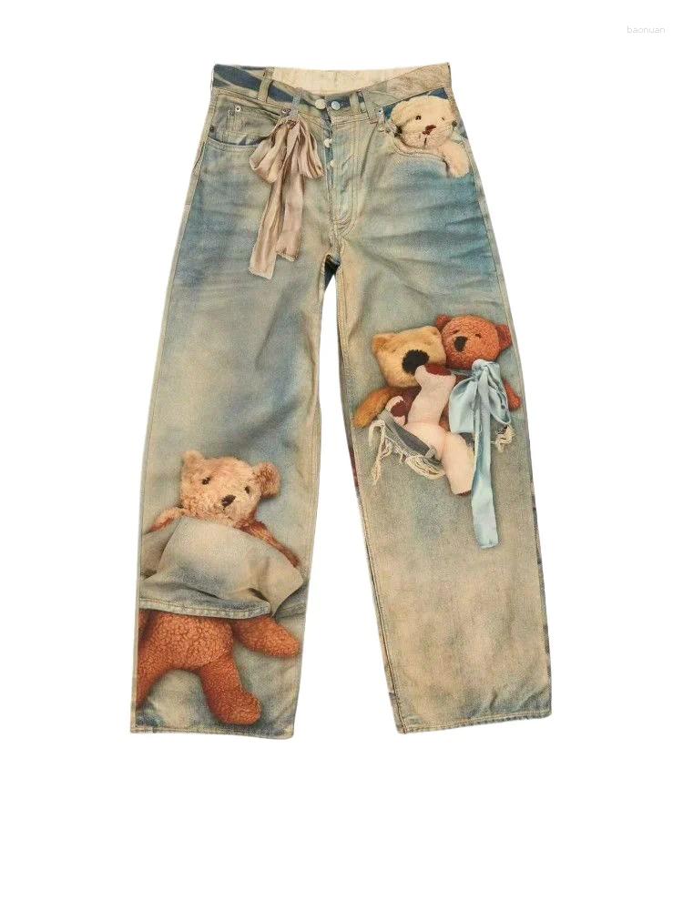 Jeans da donna HOUZHOU Vintage Donna Stampa Harajuku Y2k High Street Pantaloni larghi in denim Retro gotico 2000 Moda Oversize Grafica 4f