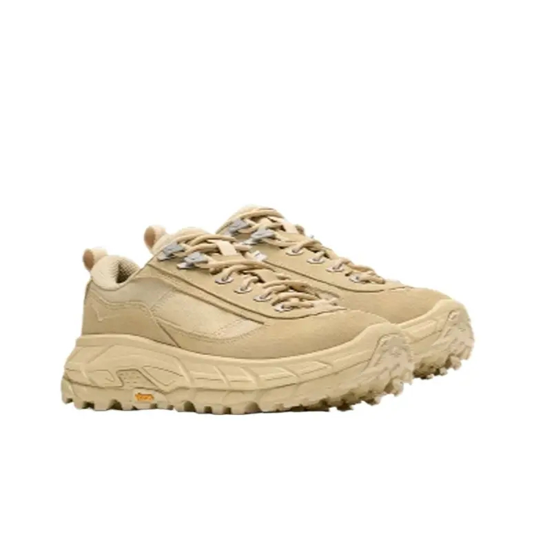 HOKA ONE ONE Men Outdoor Hiking Sneakers Khaki Suede Fabric Vibram Anti slip Outsole Cushioned Thick Sole Wear resistant For Trekking Mountain Climb