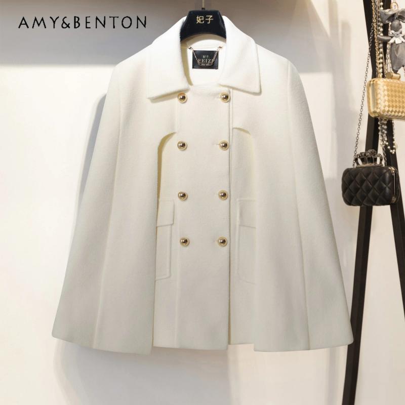 Women's Wool High Grade Elegant Woolen Cape Jackets For Women Korean Fashion Polo Collar Single Breasted Loose Jacket Office Lady Tweed 92