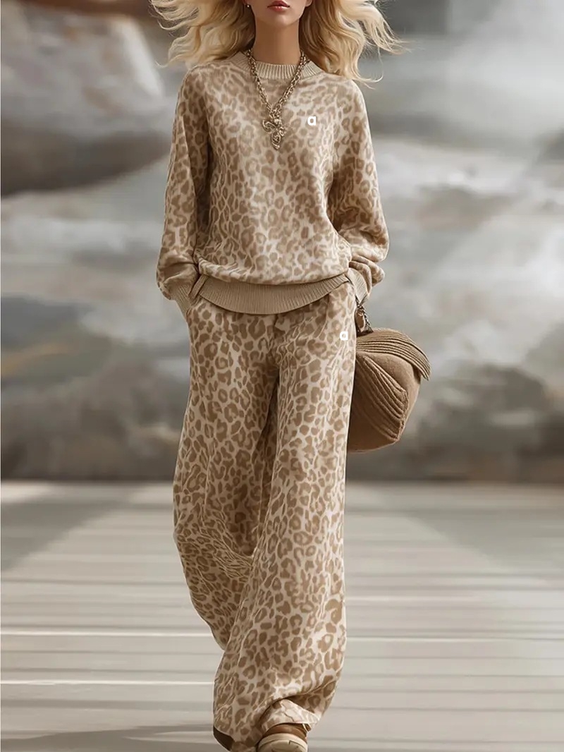 A2788 3D Light Brown Leopard-Print Set Long-Sleeve Fitted Sweatshirt and Retro Casual Pants for Women