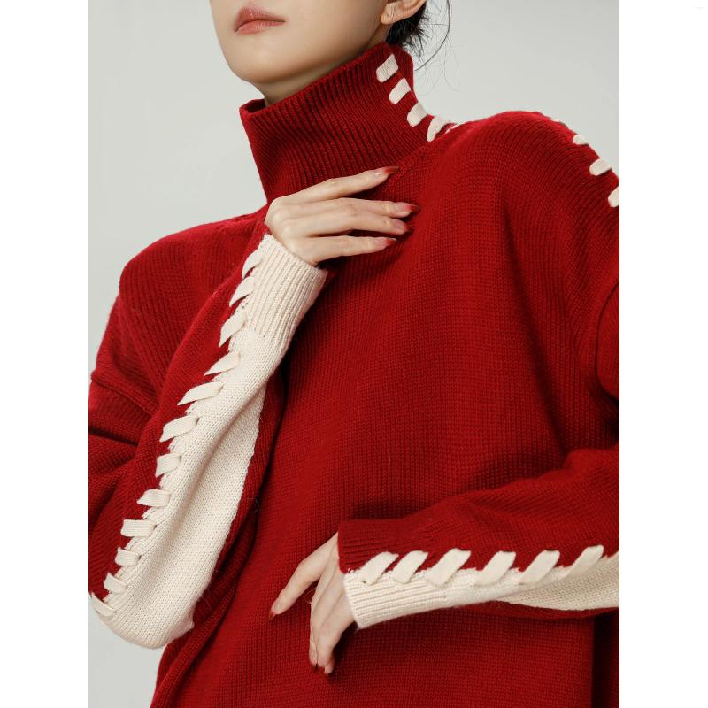 Women's Sweaters Red And White Ribbon Stitching Contrast High necked Cashmere Knitted Sweater Wear Coat 9e