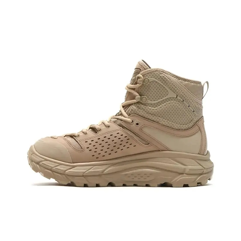 HOKA ONE ONE Men High top Tactical Hiking Boots Khaki Breathable Mesh Upper Thick Cushion Non slip Rubber Outsole Outdoor Trekking Mountain Climbing
