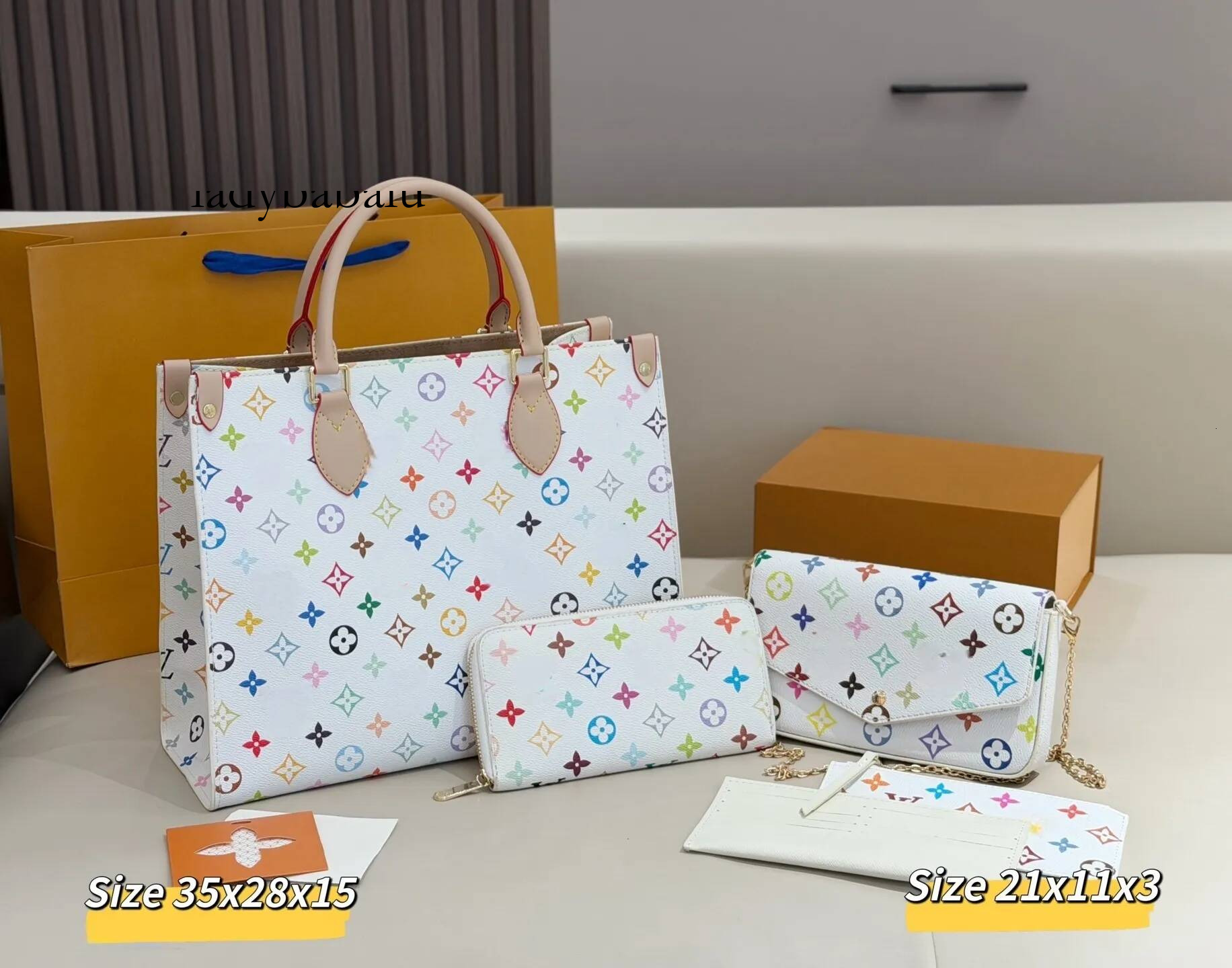 Designer Multicolor Floral Monogram Canvas Tote Bag Wallet Set White Floral Print Vachetta Leather Trim Large Capacity Top Handle Handbag Crossbody