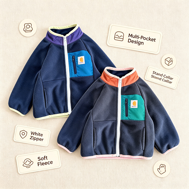 Designer Kids Fleece Jacket Full Zip Stand Collar Warm Outdoor Coat for Toddler Boys Girls Autumn Winter