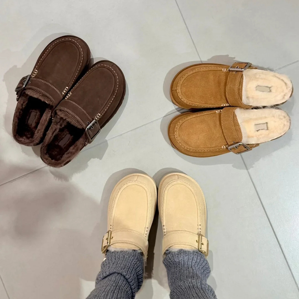Winter Luxury Designer Grey Suede Fur Slipper Moccasin Mule Buckle House Indoor Casual Comfort Mens Shoe Fashion Quality Modern Stylish Brown White