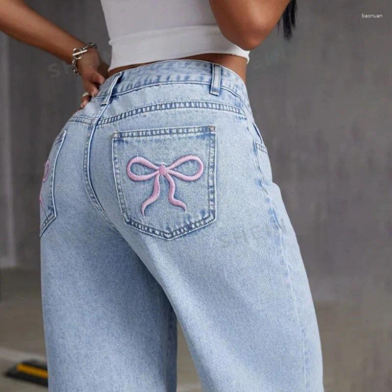 Jeans da donna moda stampa retrò fiocco gamba dritta pantaloni slim fit larghi Y2k d4
