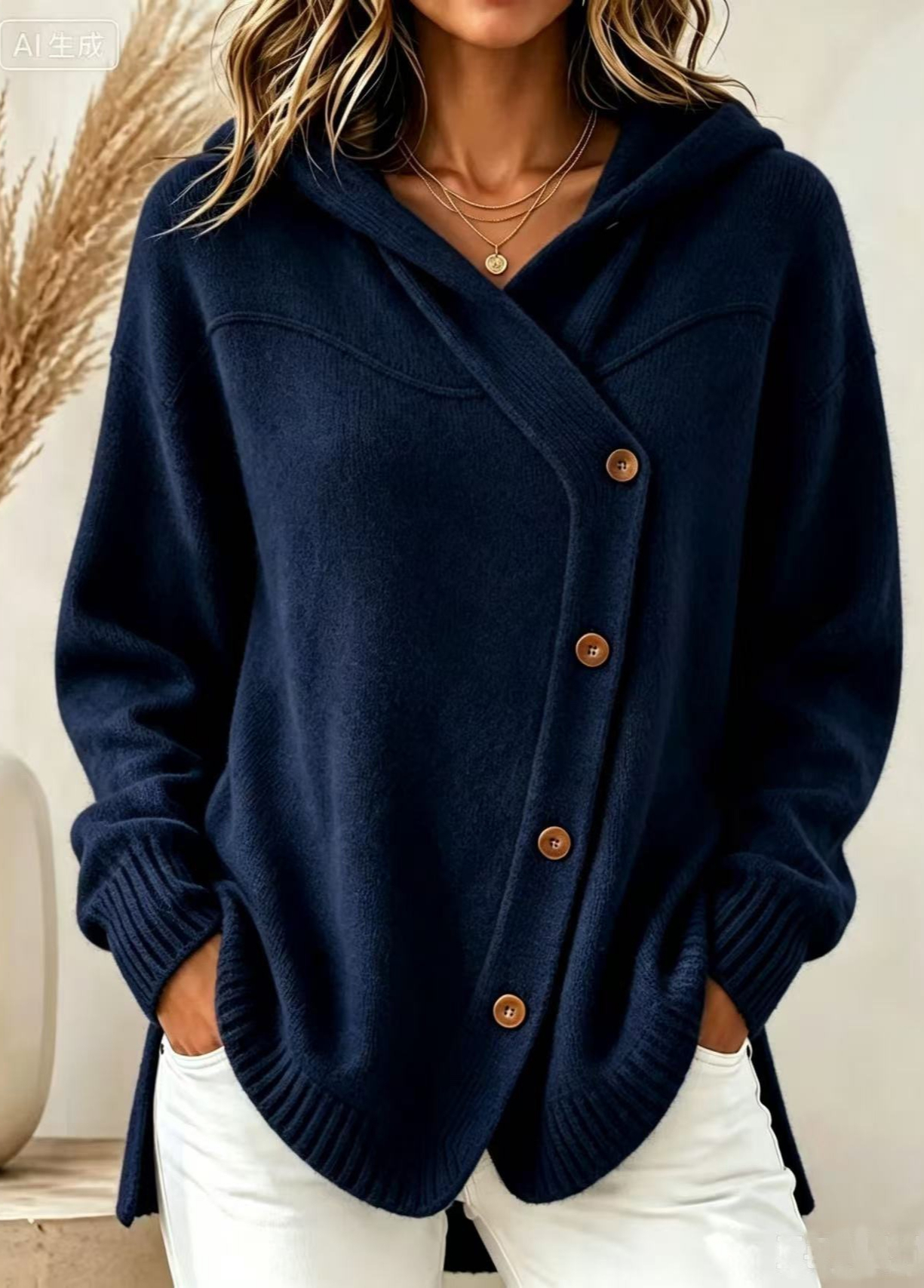 Adele194 Style européen et américain automne/hiver nouveau pull pour femme décontracté bouton ample à manches longues à capuche Cardigan