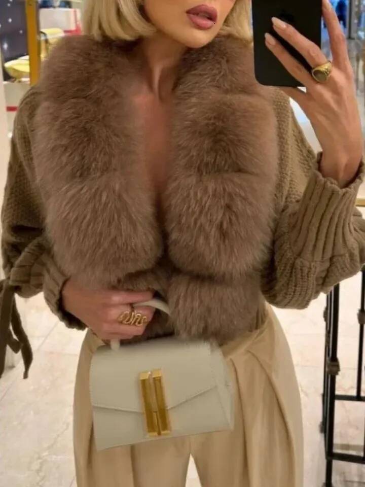 2024 Winter New Fashion Knitting Cardigan Placket Women Casual Real Fox Coat Short Warm Knitted Jacket with Natural Fur J260827