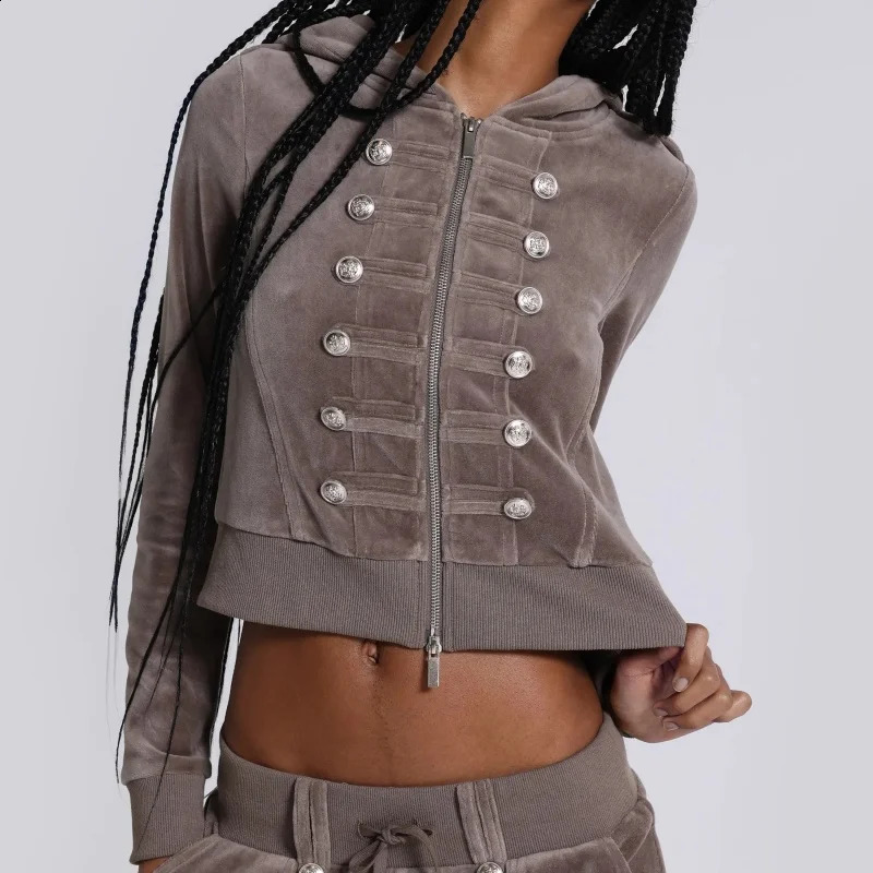 Y2K Grunge Velvet Crop Hoodie Women Chinese style Button Short Sweatshirt Vintage Velour Hooded Jacket Cyber Aesthetic Outfits 260916