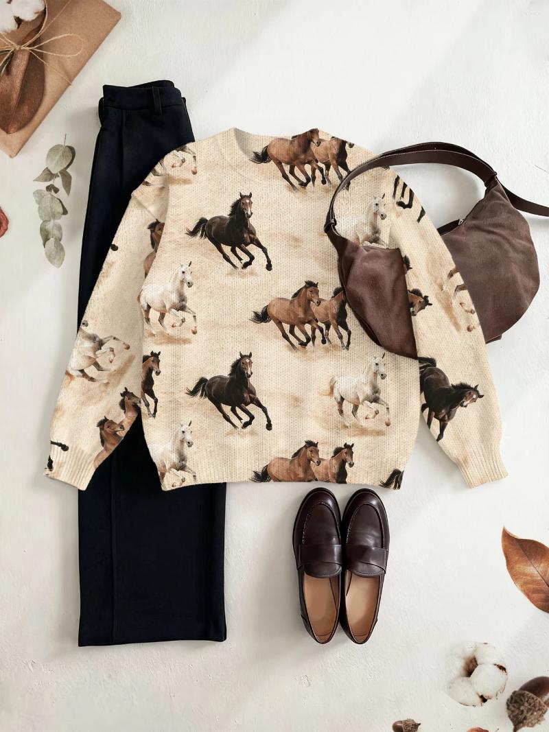 Women's Sweaters Knitted Top Thin Long Sleeved Style For Autumn And Winter Vintage Horse Pattern Non Positioned Print Retro Casual 94