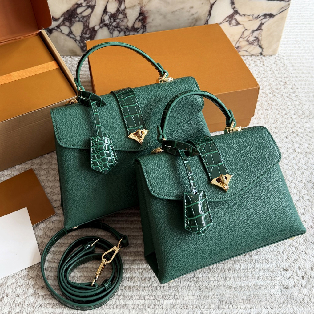 Elegant Women Designer Satchel Bag Top Handle Flap Crossbody Shoulder bag Luxury Commuter Work bags Formal Handbag Green Designer bag Croc Trim Flap