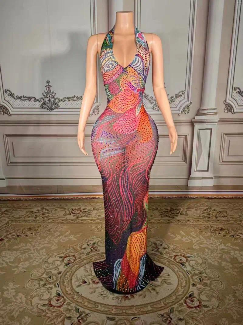 Casual Dresses Sexy Luxury Sparkly Rhinestones Long Dress Women Mesh Party Celebrate Birthday Gown Po Shoot Wear Performance Stage Costume