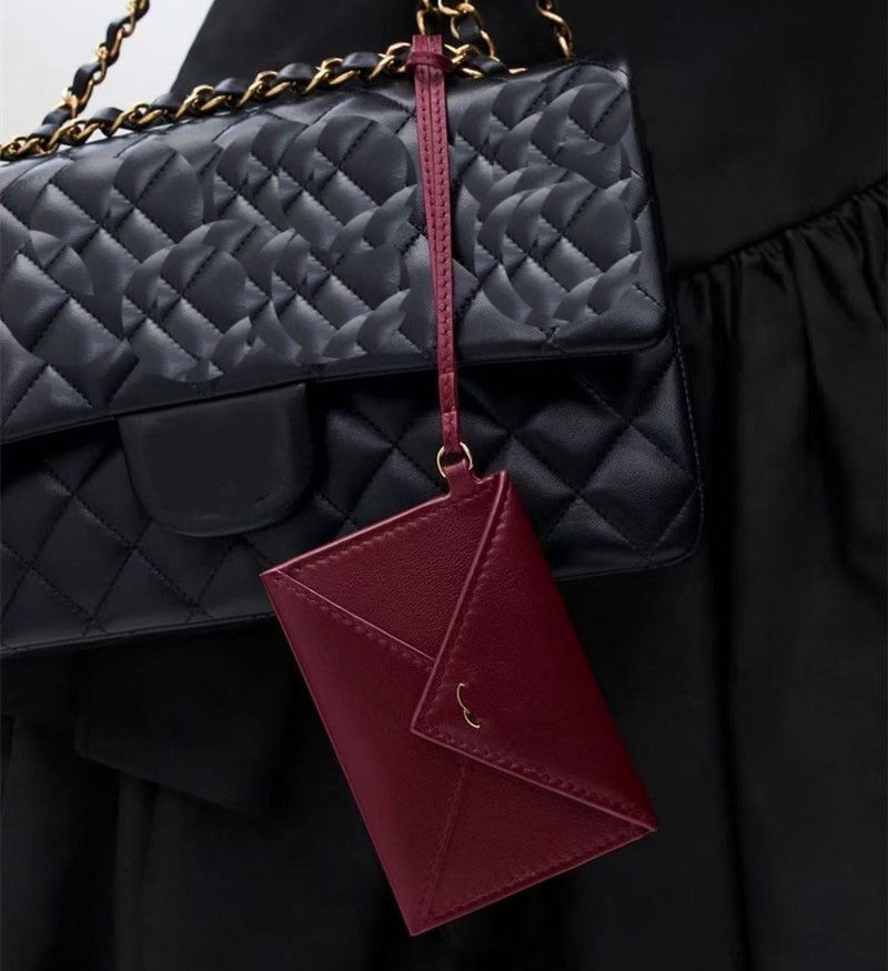 Women Vintage Envelope Card Holder With Wrist Strap Lanyard Key Luxury Designer Double letter Leather Mini Wallet Fashion Portable ID Card Coin Purs