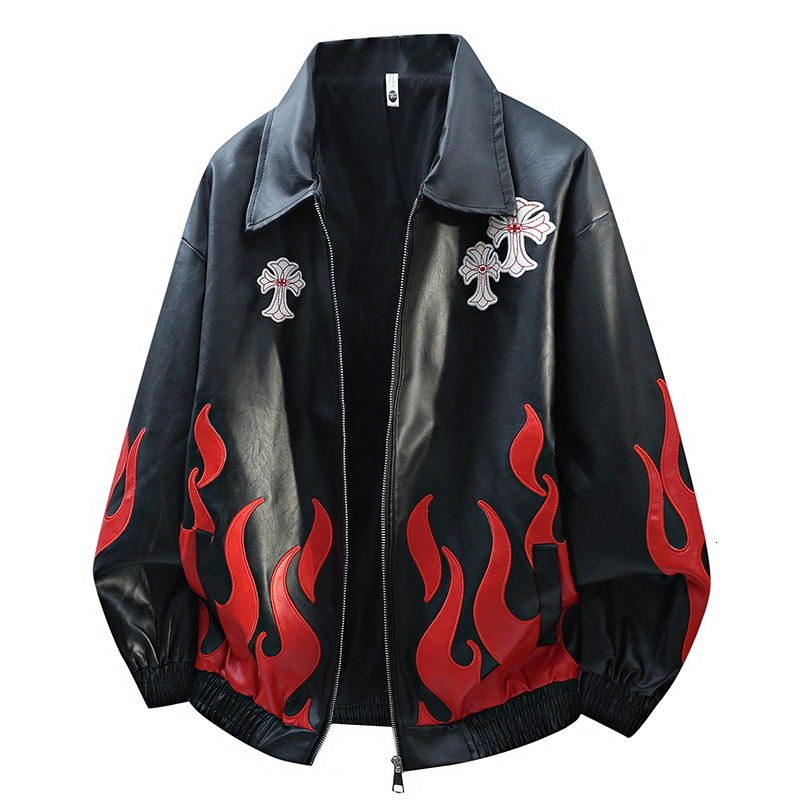 Fall new style heavy-duty embroidered American loose-fitting leather jacket flame coat racing suit for men and women J260827
