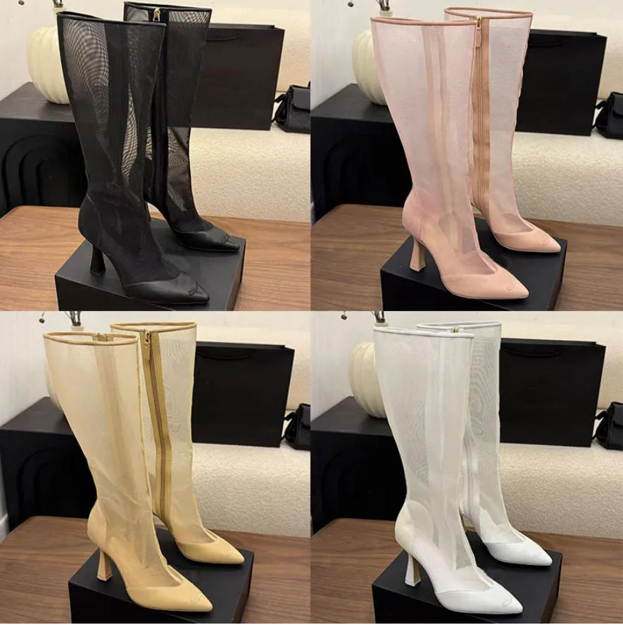 2026 Womens Knee Boots Designer Retro Pointed Knee Boots Yarn Embroidered Zipper Long Tube Boots Personalized Trendy Look Thin Versatile Fashion Boo