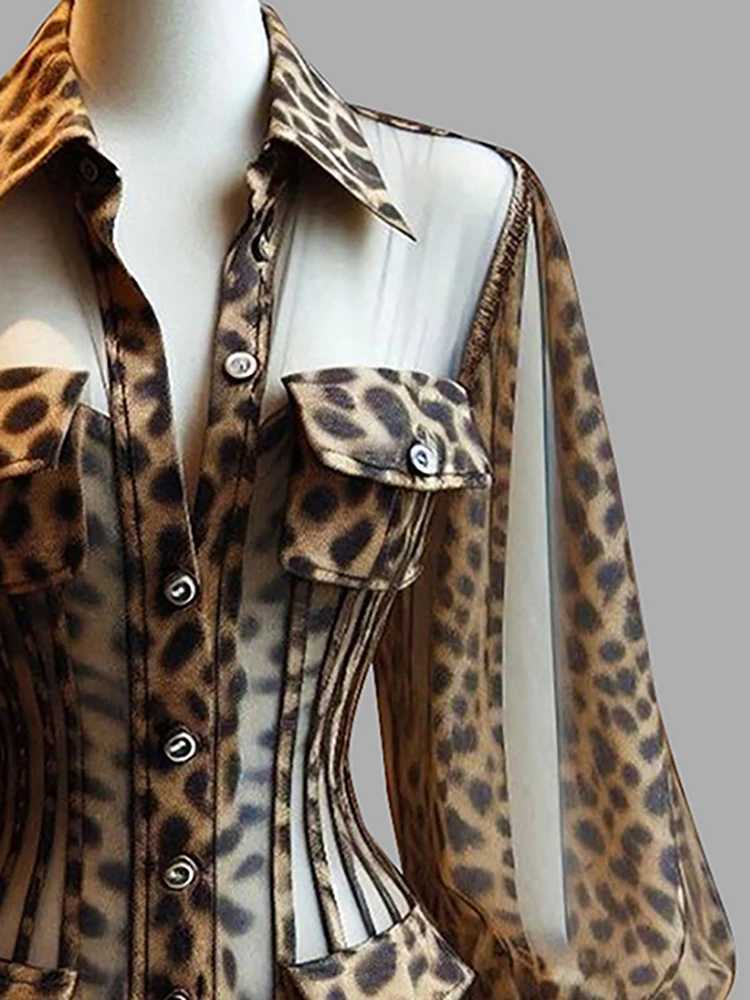 Women's Leopard Print Sheer Corset Blouse Sexy Mesh Long Bell Sleeves Button Up Slim Fit Summer Elegant Office Ladies Chic Shirt R260825