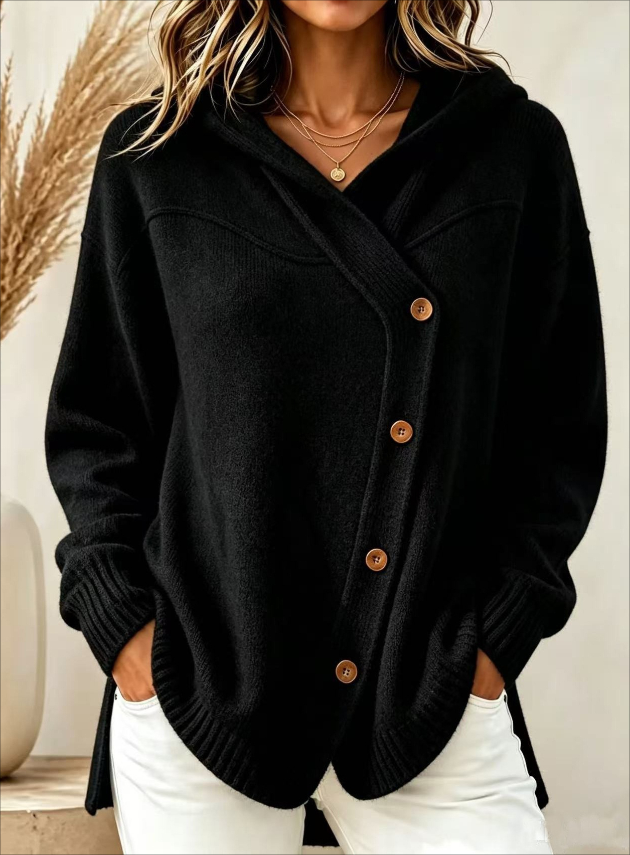 Adele196 Style européen et américain automne/hiver nouveau pull pour femme décontracté bouton ample à manches longues Cardigan à capuche