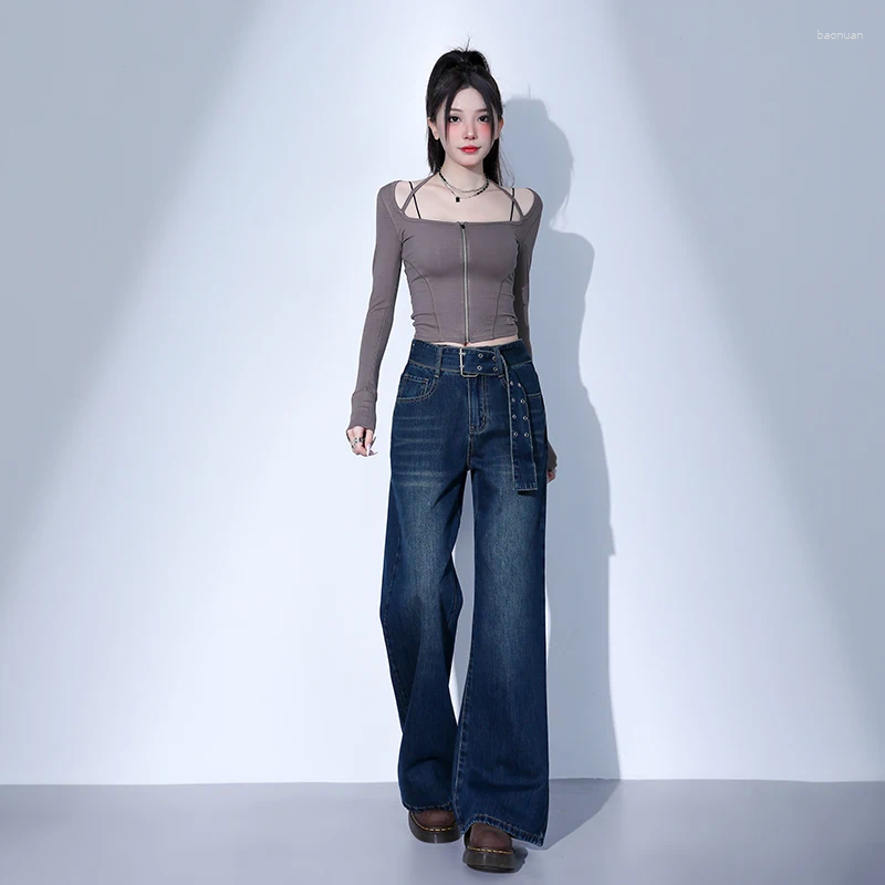 Jeans da donna a vita alta gamba larga pantaloni vintage da donna retrò vestibilità ampia in morbido tessuto pantaloni fluidi in denim lunghi fino a